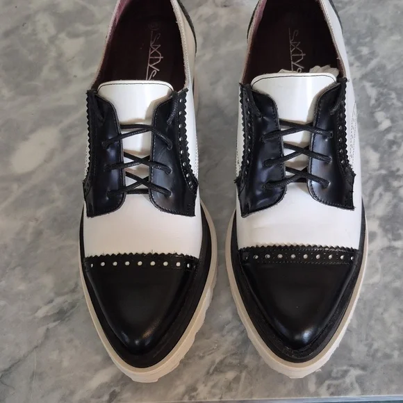Sixtyseven Platform Wing Tipped Leather Oxford Pointed Toe, Black White Size 9 - Picture 2 of 12